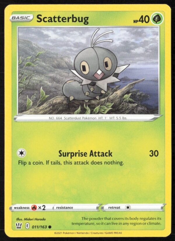 2021 Scatterbug Pokémon card from Battle Styles set, featuring vibrant Bug-type artwork.