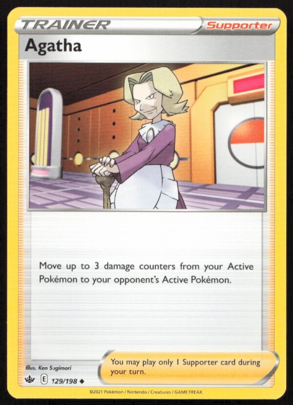 Agatha Pokémon card, 2021 Chilling Reign set, #129/198, Elite Four member, vibrant artwork.
