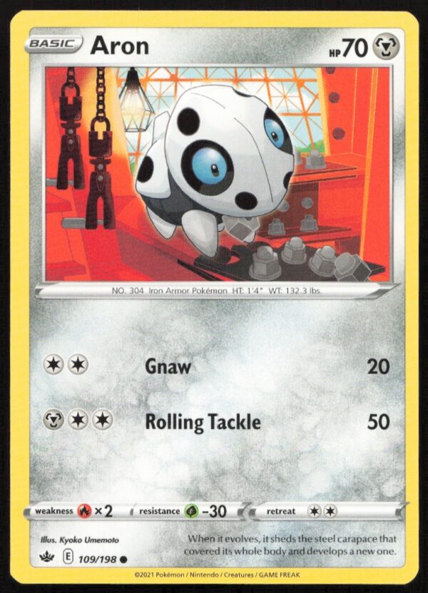 Chilling Reign Aron Pokémon Card #109/198, Steel/Rock Type, Front View, 2021 Release.