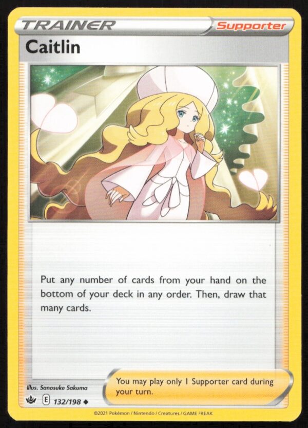 Caitlin Pokémon Trainer Card 132/198 from Sword & Shield Chilling Reign Set, 2021.