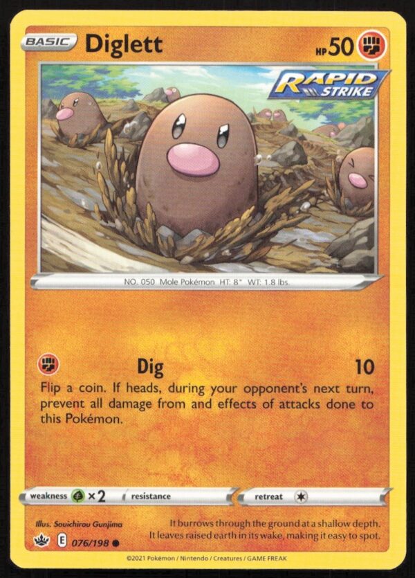 Diglett Pokémon card 2021, Chilling Reign set #076/198, front view.