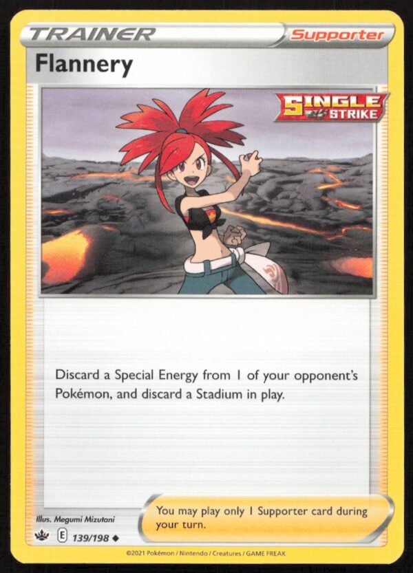 Flannery Pokémon card from 2021 Sword & Shield Chilling Reign set, #139/198, fiery Gym Leader.
