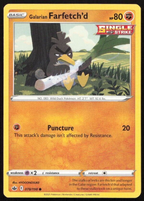 2021 Pokémon Chilling Reign Galarian Farfetchd card #078/198 showcasing vibrant artwork.