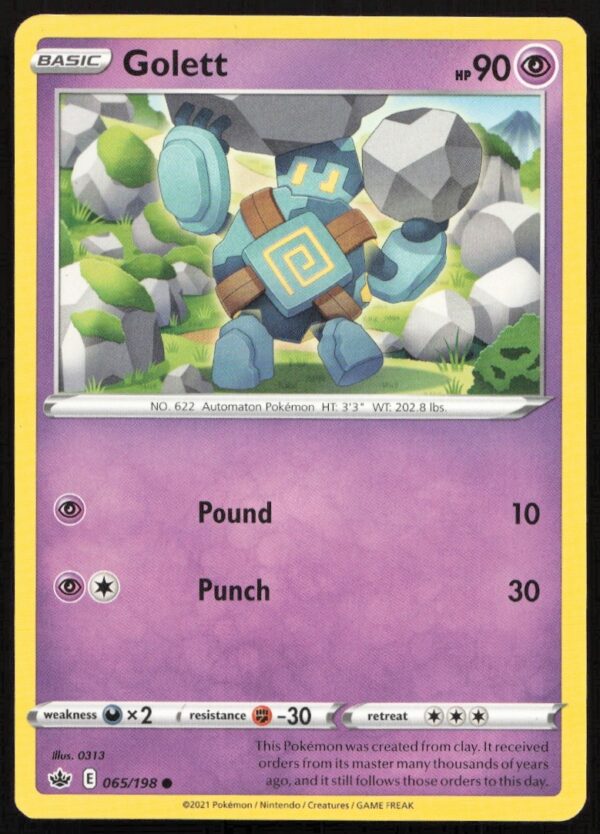 Golett Pokémon card from 2021 Chilling Reign set, vibrant artwork, card #065/198.