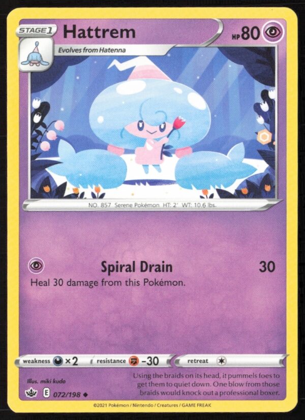 2021 Pokémon Chilling Reign Hatterene Card #072/198 Front View with Detailed Illustration.
