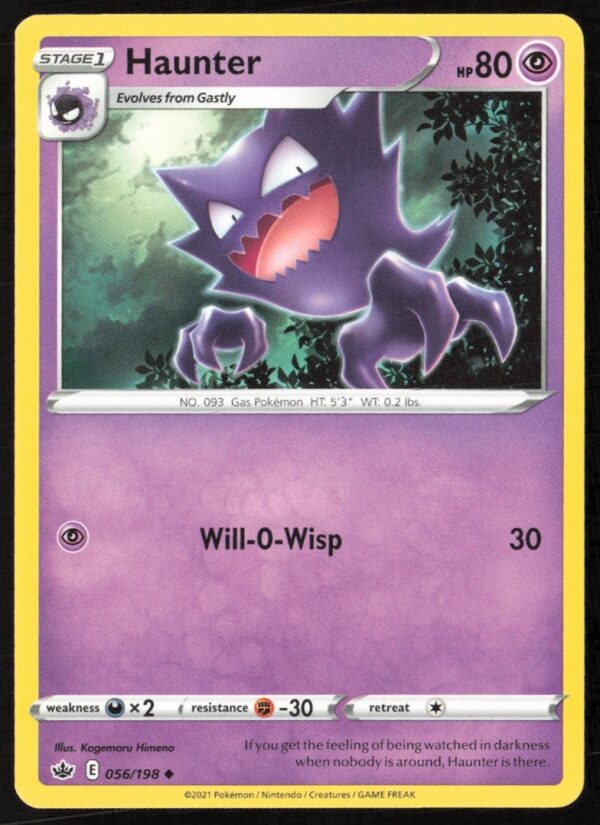 Haunter Pokémon Card from 2021 Sword & Shield Chilling Reign, Ghost-Type, #056/198.