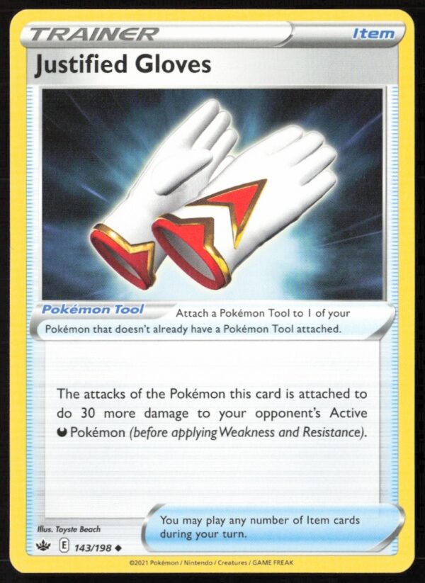 Pokémon Chilling Reign Justified Gloves card, artwork of stylized gloves, number 143/198.