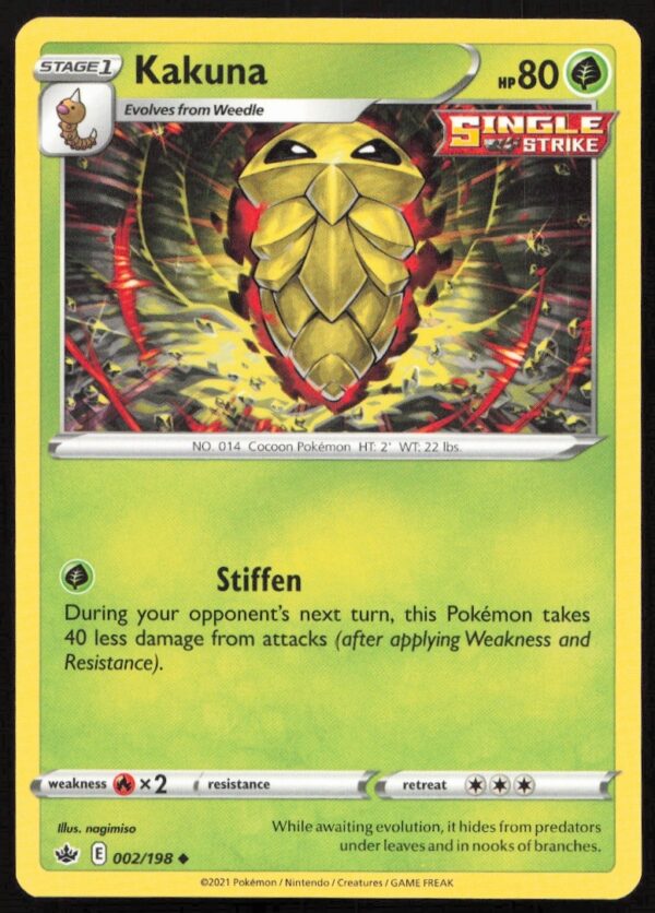 Kakuna Pokémon Card from 2021 Chilling Reign Set, Card 002/198, Front View.