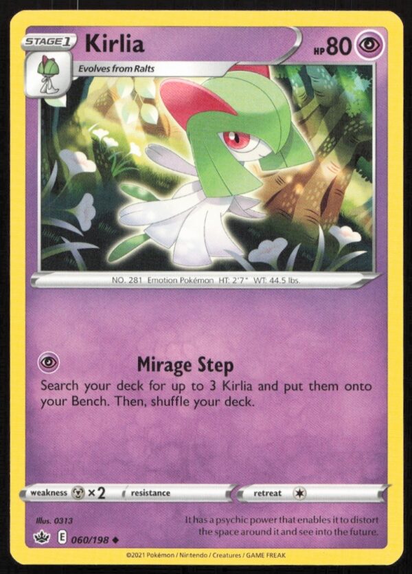 Kirlia 2021 Pokémon Chilling Reign card, number 060/198, Psychic/Fairy type.