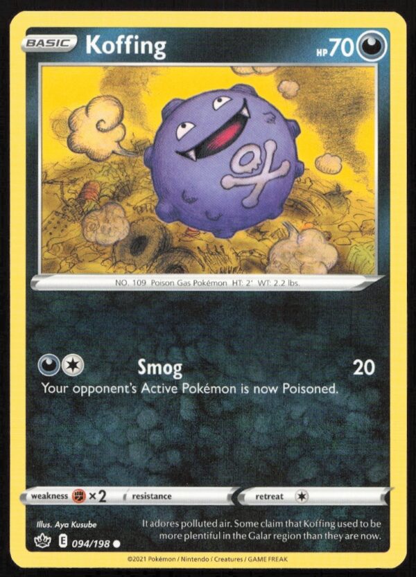 Koffing Pokémon Card from 2021 Chilling Reign Set, showcasing its playful, mischievous expression.