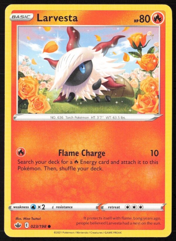 2021 Pokémon Chilling Reign Larvesta card, Sword & Shield series, Fire/Bug-type #023/198.