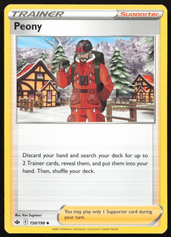 Pokémon Chilling Reign Peony Card #150/198, showcasing dynamic artwork and collectible appeal.