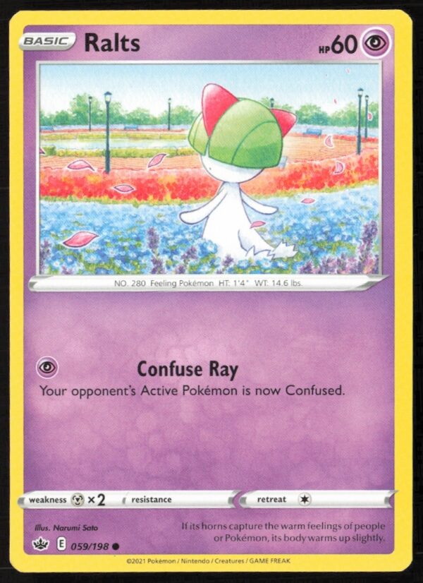 Ralts Pokémon card from 2021 Chilling Reign set, showcasing a serene landscape illustration.