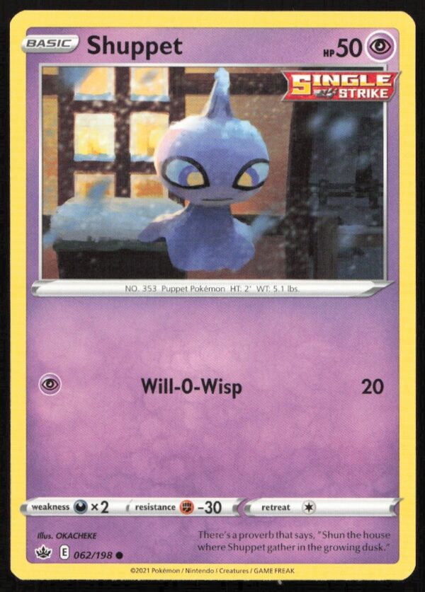 Shuppet Pokémon Card #062/198, Chilling Reign Series, Front View, Ghost-Type Design.