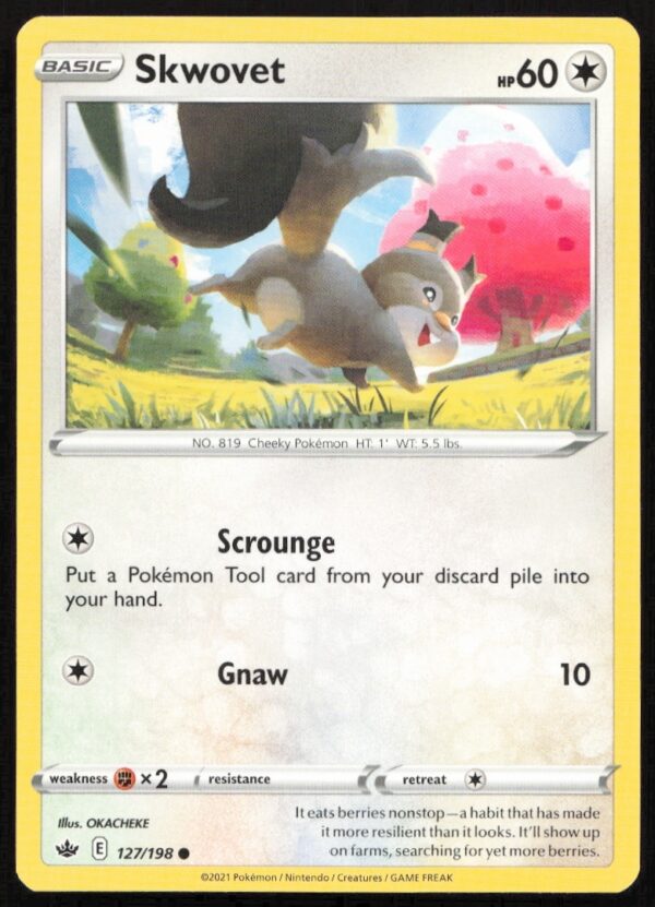 Skwovet Pokémon card from Chilling Reign expansion, #127/198, depicting vibrant forest scene.