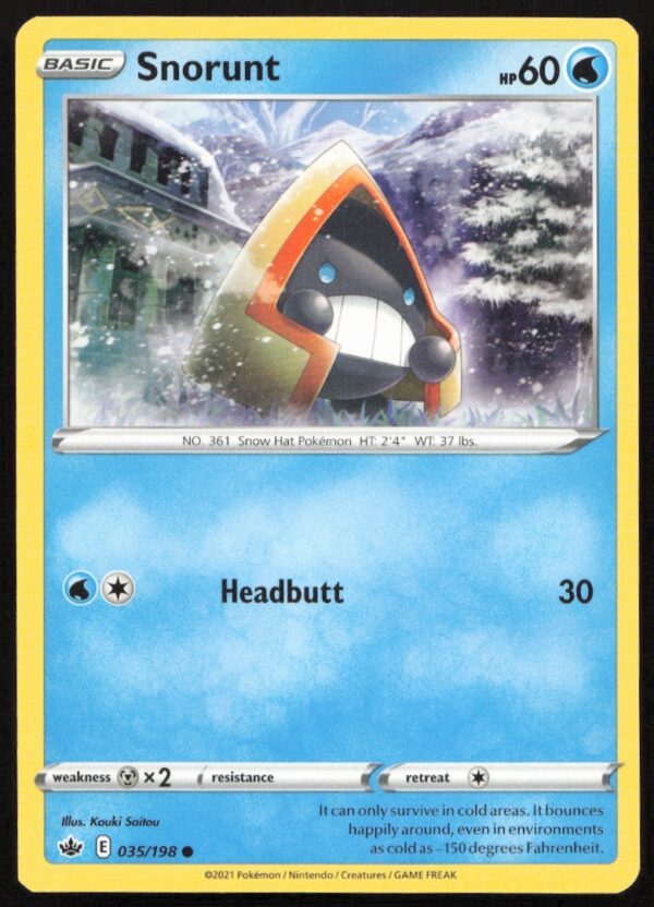 Snorunt Pokémon card from Chilling Reign 2021, featuring ice-type in snowy mountain setting.