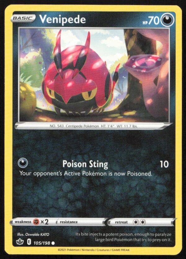 2021 Venipede Pokémon Card from Sword & Shield: Chilling Reign Expansion.