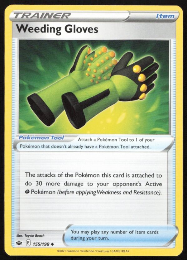 Weeding Gloves Pokémon Card from Chilling Reign Set, featuring vibrant illustration and game stats.