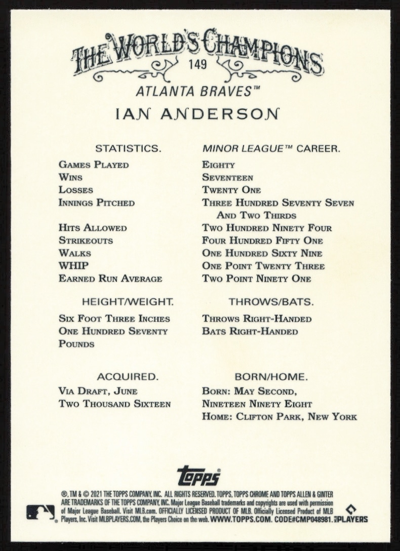 Back of Ian Anderson 2021 Topps Allen & Ginter Chrome card, with stats and achievements.