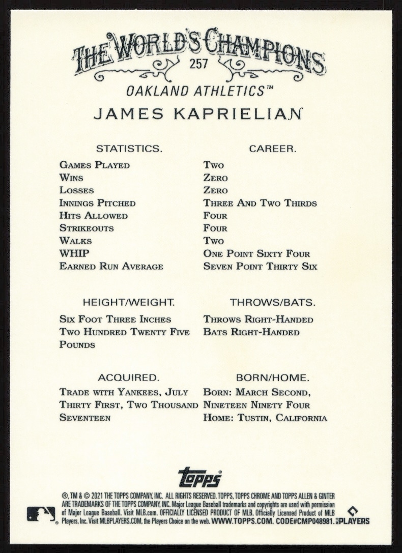 2021 Allen & Ginter Chrome James Kaprielian card back with stats and biography.