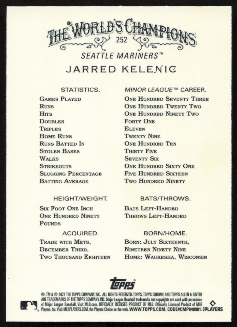 2021 Topps Chrome Jarred Kelenic Refractor Card #252 Back View with Stats and Details