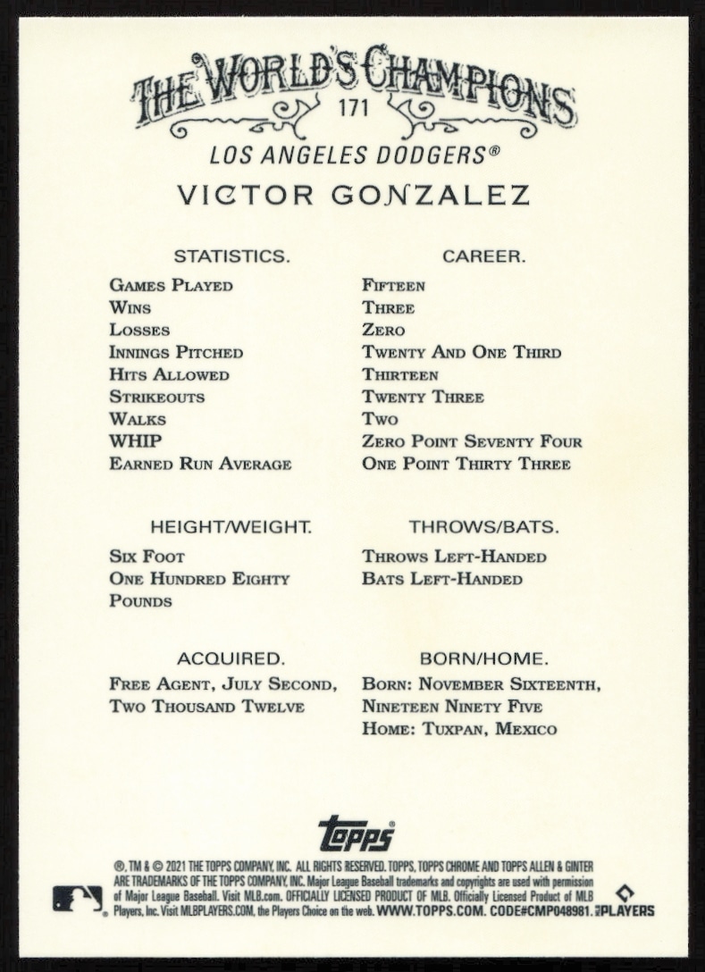 Back of 2021 Victor Gonzalez Allen & Ginter Chrome card, featuring player stats and bio.
