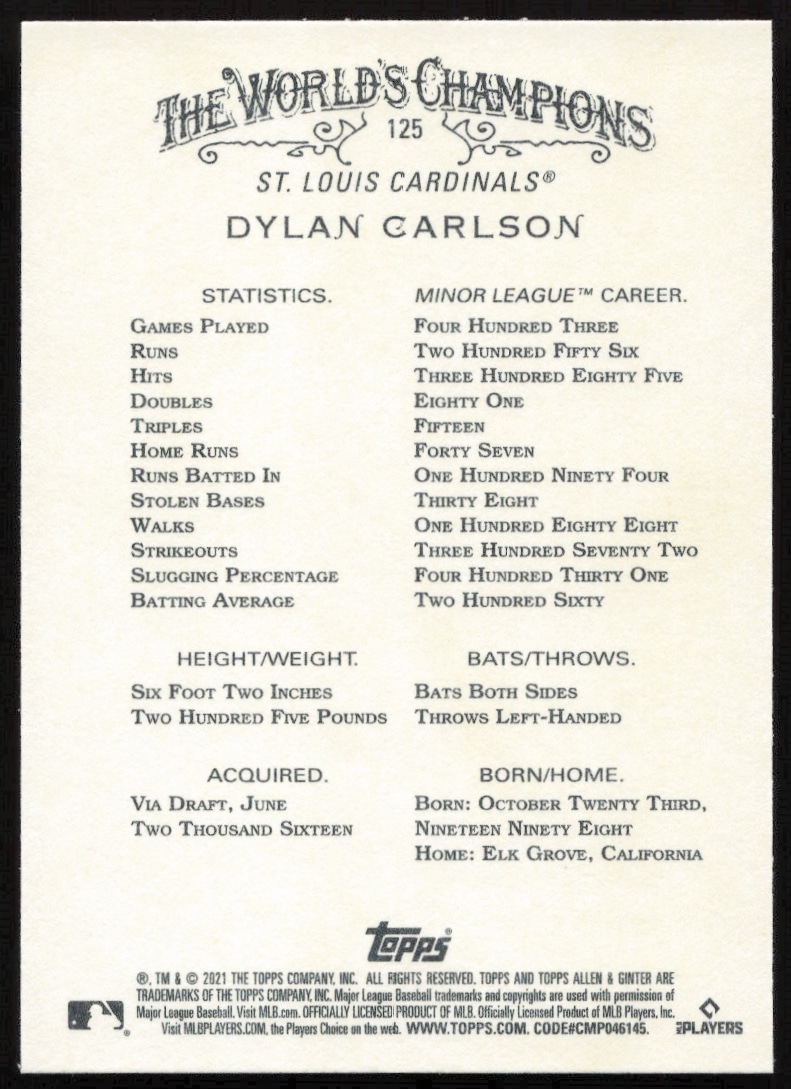 Dylan Carlson 2021 Topps Allen & Ginter card back details stats and highlights.