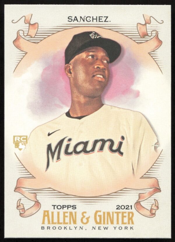 2021 Topps Allen & Ginter Jesus Sanchez card #287, featuring Marlins player in vintage style.