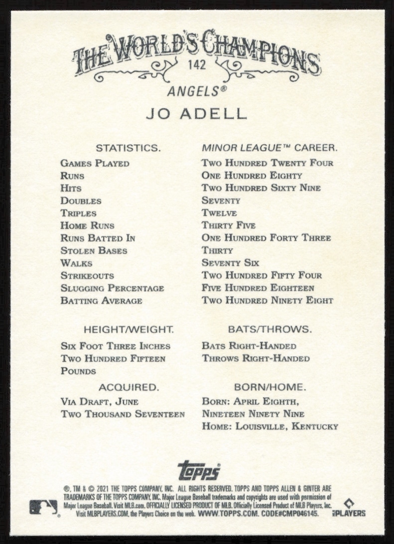2021 Topps Allen & Ginter Jo Adell Card Back with Biography and Stats.
