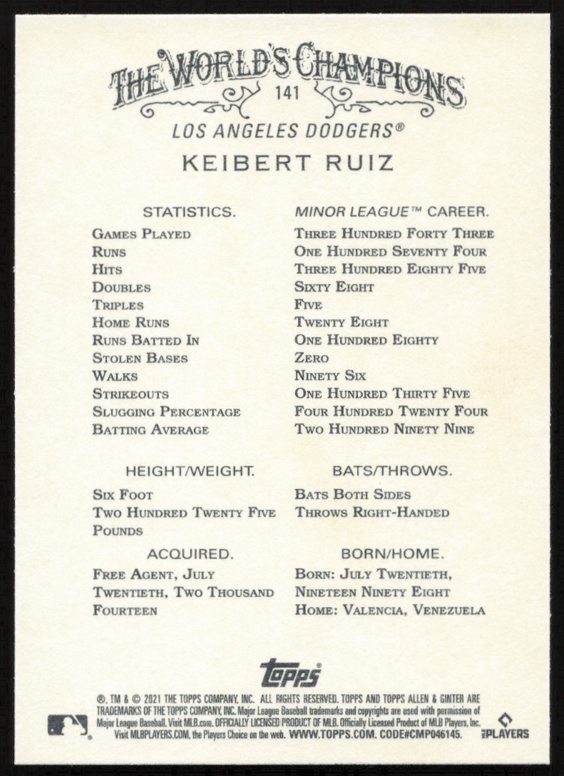 Back view of 2021 Topps Allen & Ginter card featuring catcher Keibert Ruiz, #141.