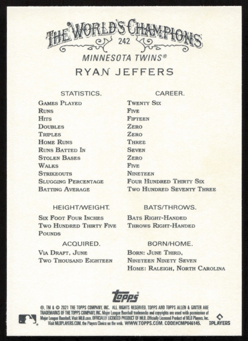 Back of 2021 Ryan Jeffers Allen & Ginter card with stats and biography.