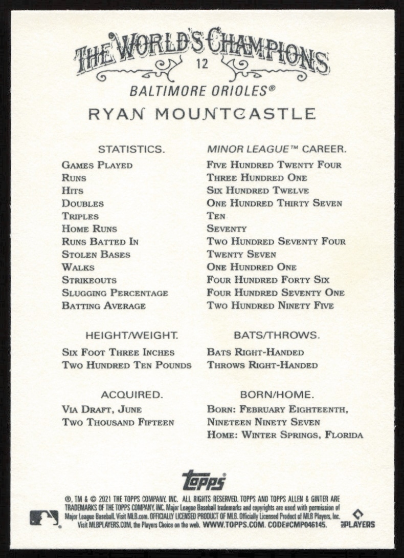 Ryan Mountcastle 2021 Topps Allen & Ginter Card: stats and bio, collectible design, No. 12.
