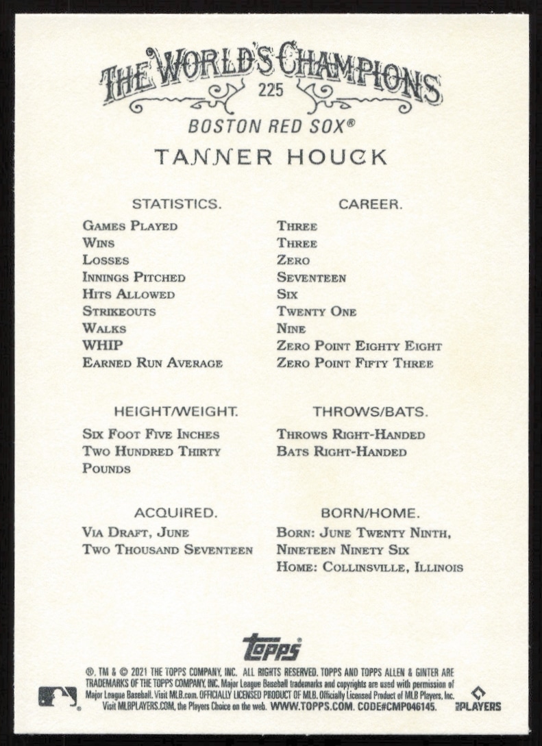Back of 2021 Topps Allen & Ginter Tanner Houck card, #225, with stats and bio.