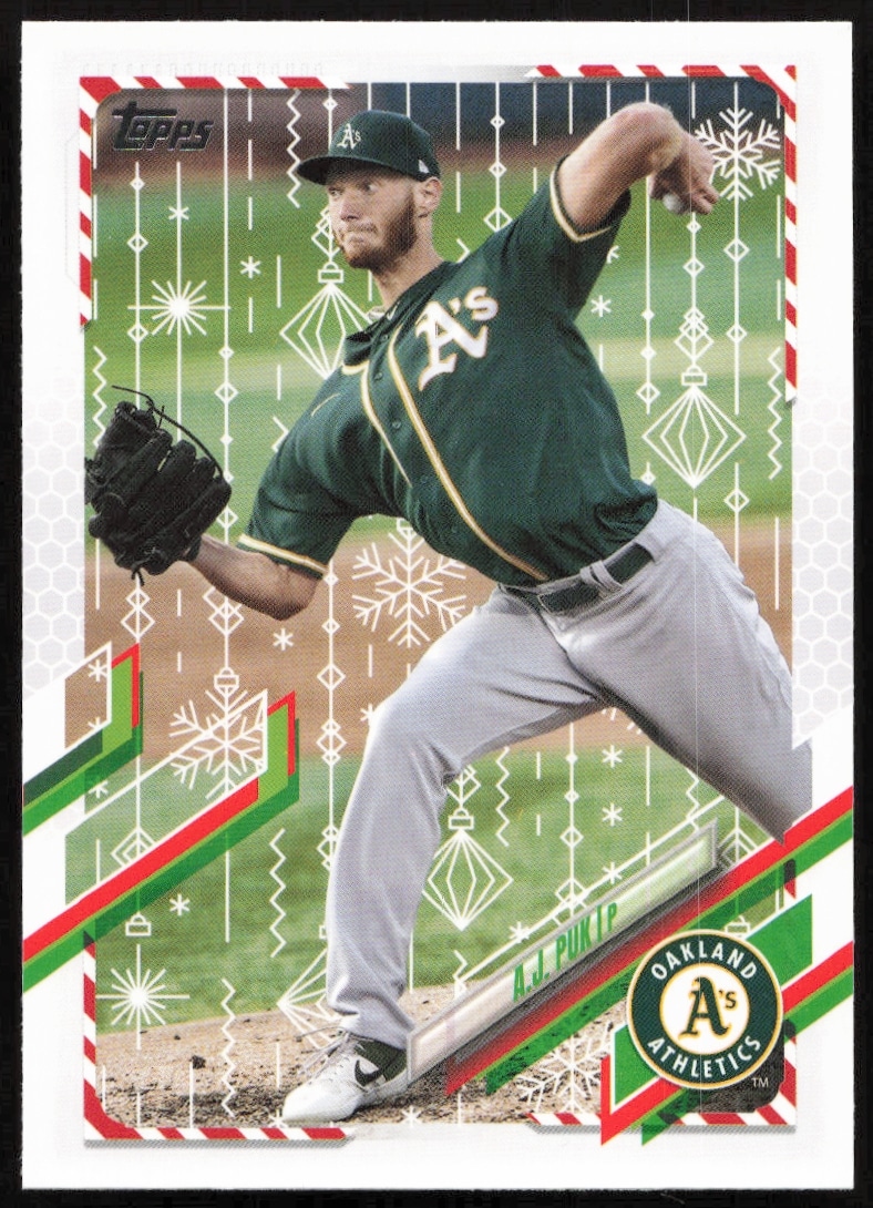 A.J. Puk 2021 Topps Holiday card front, #HW95, featuring festive baseball design.