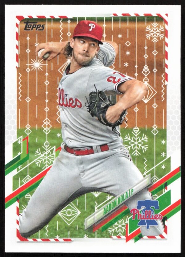 Philadelphia Phillies pitcher Aaron Nola on 2021 Topps Holiday card #HW7 in festive theme.