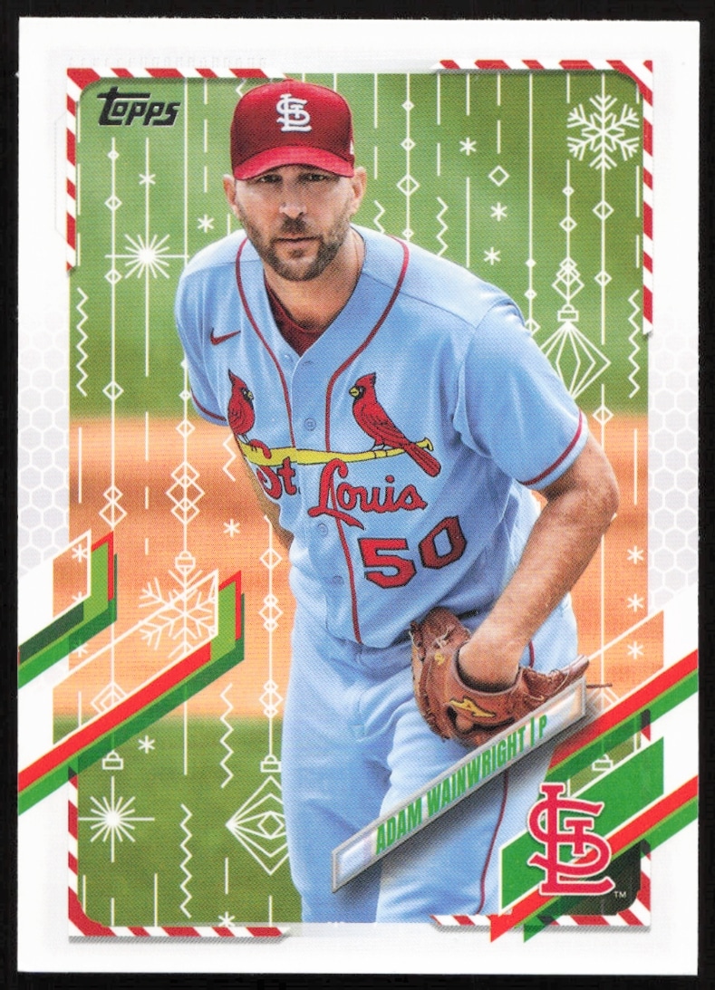 Adam Wainwright 2021 Topps Holiday card front, showcasing festive design and Cardinals uniform.