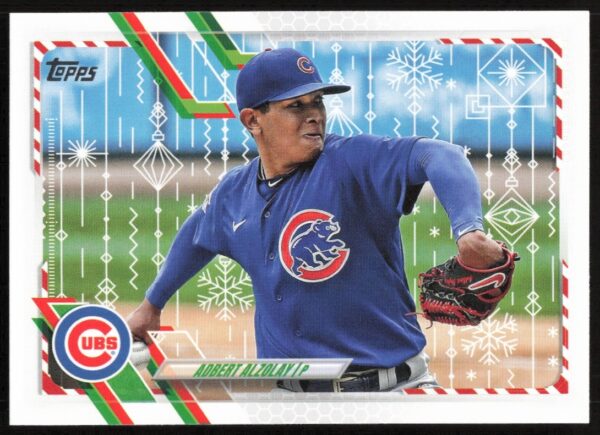 2021 Topps Holiday baseball card featuring Chicago Cubs pitcher Adbert Alzolay, card #HW151.