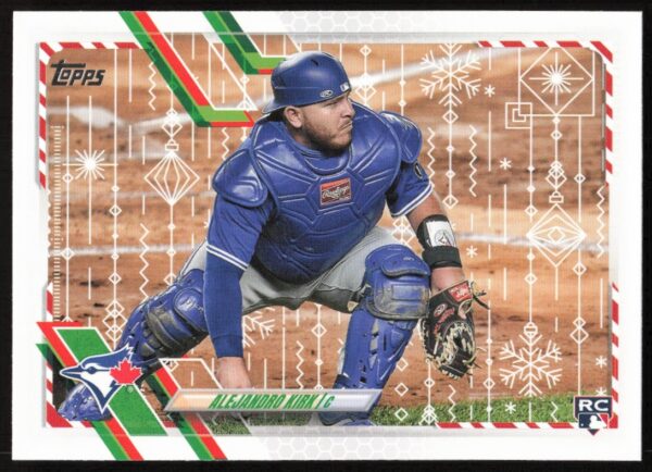 Alejandro Kirk 2021 Topps Holiday card, Blue Jays uniform, festive snowflakes design (Front).