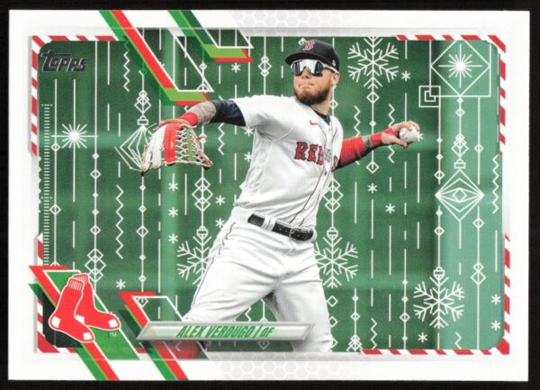 Alex Verdugo 2021 Topps Holiday Card Front - Boston Red Sox Festive Edition.