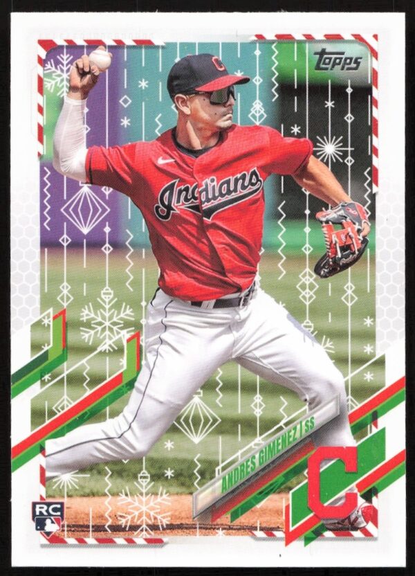 Andres Gimenez 2021 Topps Holiday baseball card, featuring festive design and action shot.