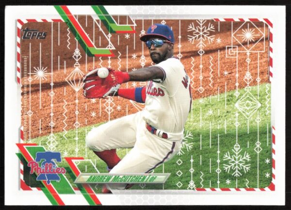 Andrew McCutchen 2021 Topps Holiday Baseball Card Front, Card #HW215, Festive Design