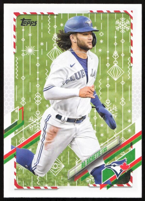 Bo Bichette 2021 Topps Holiday Card in Blue Jays Uniform, Festive Background, Card #HW6.