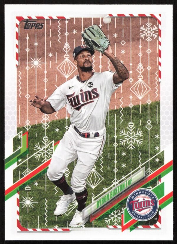 Byron Buxton 2021 Topps Holiday card, Minnesota Twins festive theme, action pose.