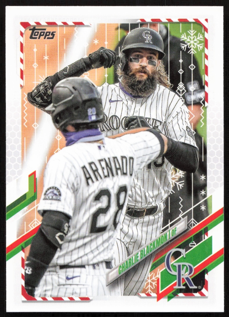 2021 Topps Holiday Charlie Blackmon baseball card #HW63 featuring holiday design.