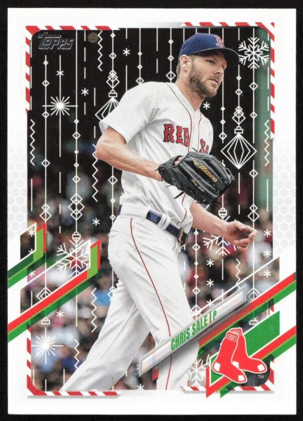 Chris Sale 2021 Topps Holiday card front, dynamic pitching, festive design #HW179.