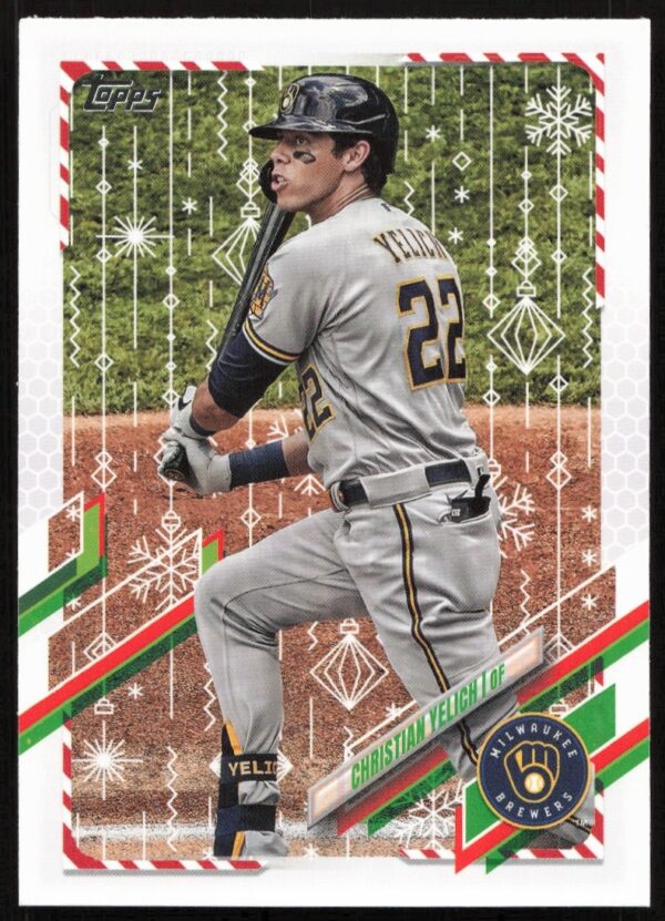 Christian Yelich 2021 Topps Holiday card front, Milwaukee Brewers, festive snowflakes backdrop.