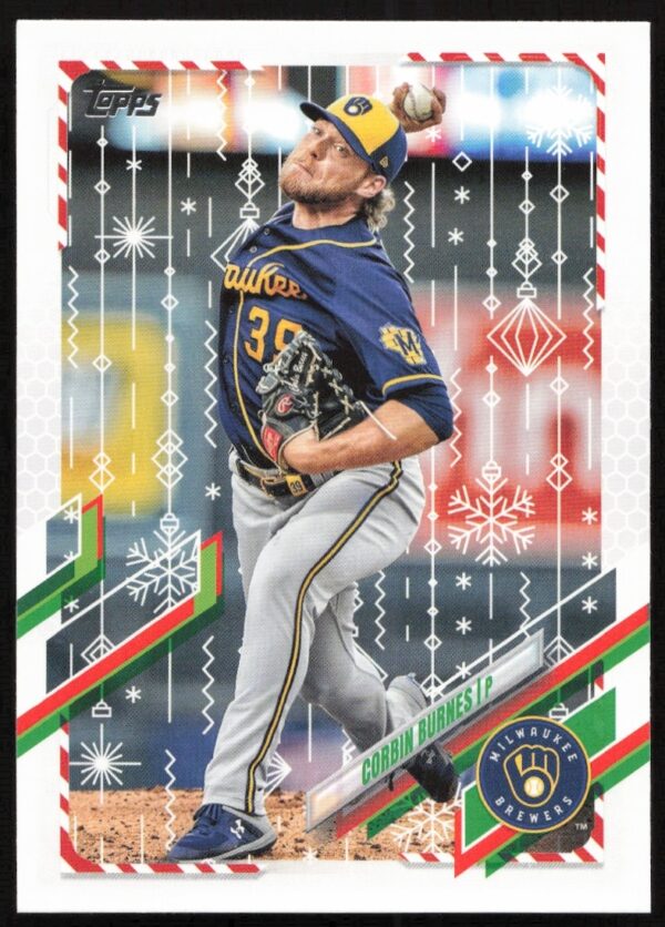 Corbin Burnes 2021 Topps Holiday card, Milwaukee Brewers, #HW26, action shot, festive design.