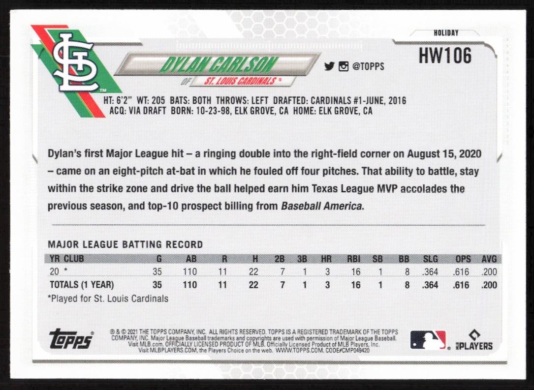 Back of 2021 Topps Holiday Dylan Carlson baseball card highlighting his 2020 stats and biography.