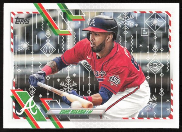Eddie Rosario 2021 Topps Holiday Baseball Card, festive design, collectible #HW19.