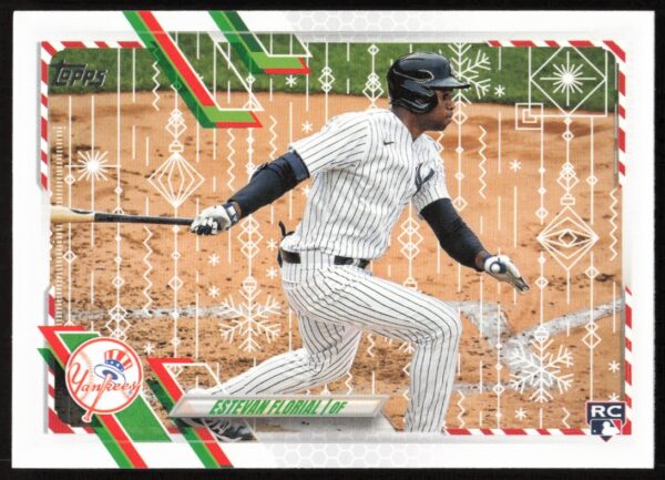 Estevan Florial 2021 Topps Holiday Card #HW181, featuring festive baseball action scene.